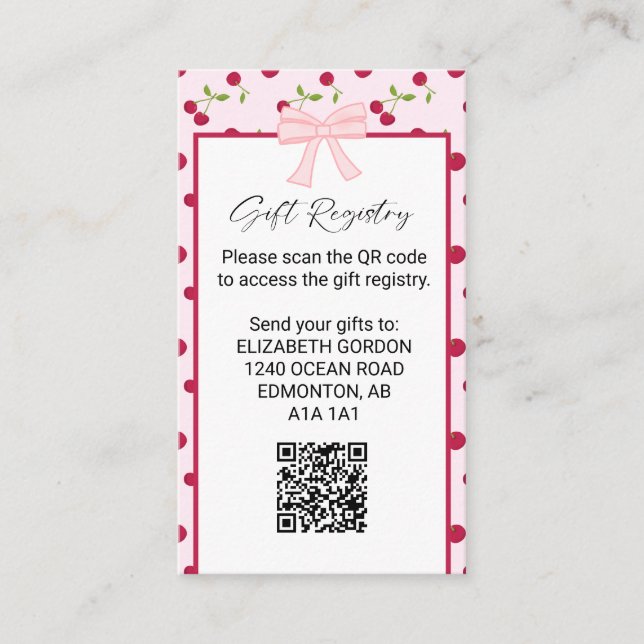 Cartão De Informações Gift Registry Cherry Baby Shower QR Code (Frente)