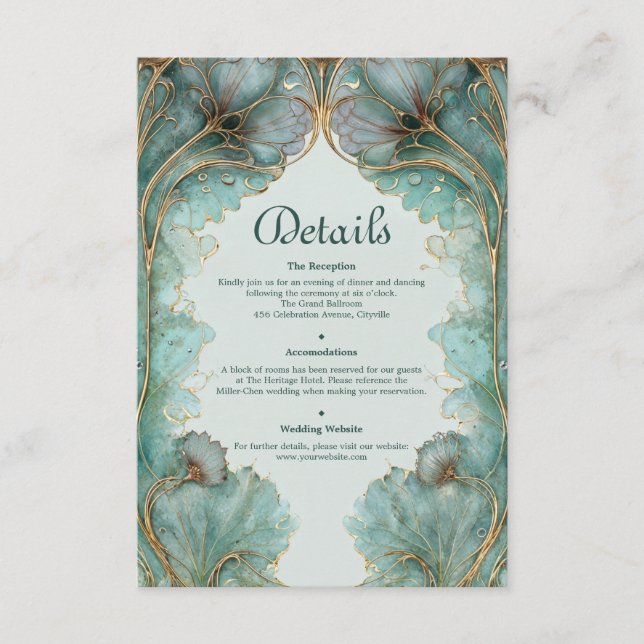 Cartão De Informações Gilded Lilypad Art Nouveau Teal and Gold Wedding (Frente)