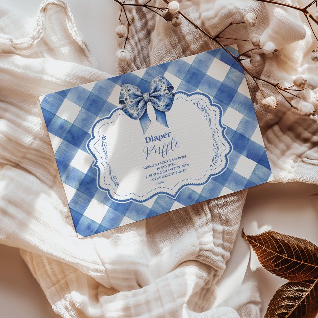 Cartão De Informações Gingham Azul e Arco Raffle Diapper (Criador carregado)