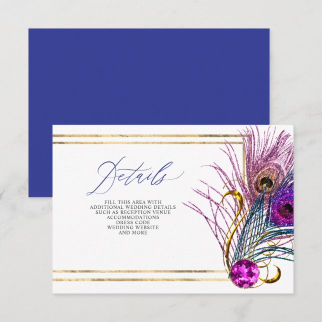 Cartão De Informações Glitter Gold Blue Purple Peacock Plume Wedding (Frente/Verso)