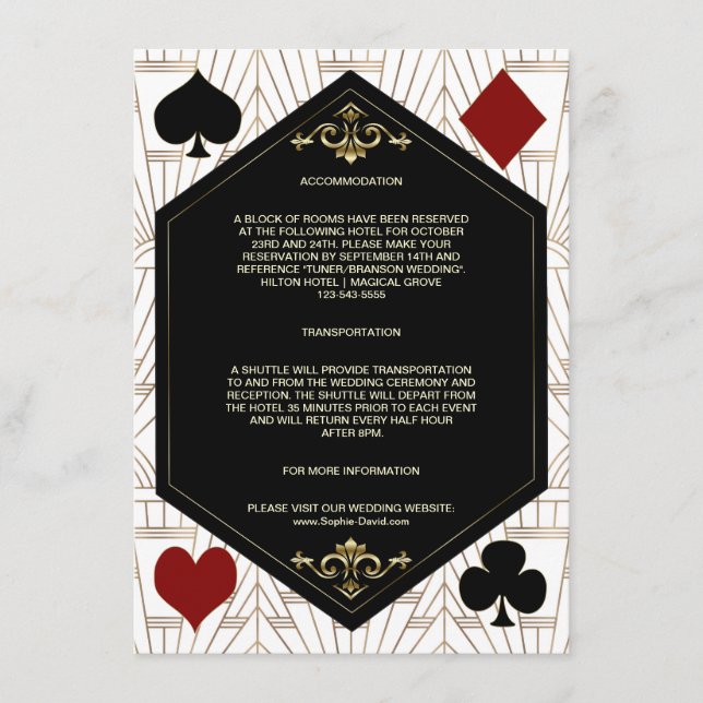 Cartão De Informações Gold Art Deco Casino Vegas Poker Wedding Details (Frente)