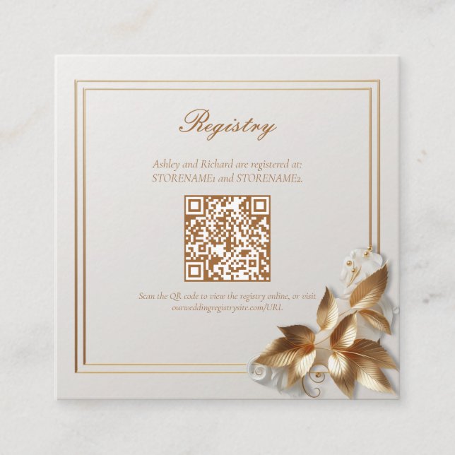 Cartão De Informações Gold Botanical Wedding Registry QR Code (Frente)