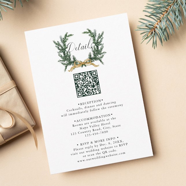 Cartão De Informações Gold Bow & Evergreen Pine Wreath Wedding Details (Criador carregado)