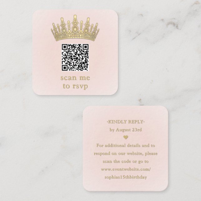 Cartão De Informações Gold Crown Blush Pink Quinceañera Scan Me QR RSVP (Frente/Verso)