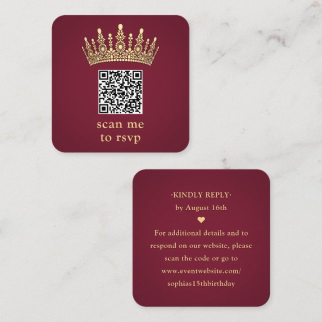 Cartão De Informações Gold Crown Burgundy Quinceañera Scan Me QR RSVP (Frente/Verso)