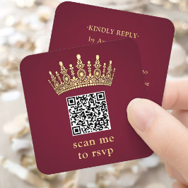 Cartão De Informações Gold Crown Burgundy Quinceañera Scan Me QR RSVP