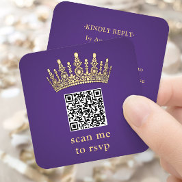 Cartão De Informações Gold Crown Dark Purple Quinceañera Scan Me QR RSVP