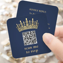 Cartão De Informações Gold Crown Navy Blue Quinceañera Scan Me QR RSVP