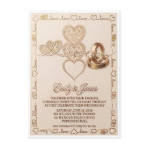 Gold Hearts & Wedding Rings Elegant Invitation