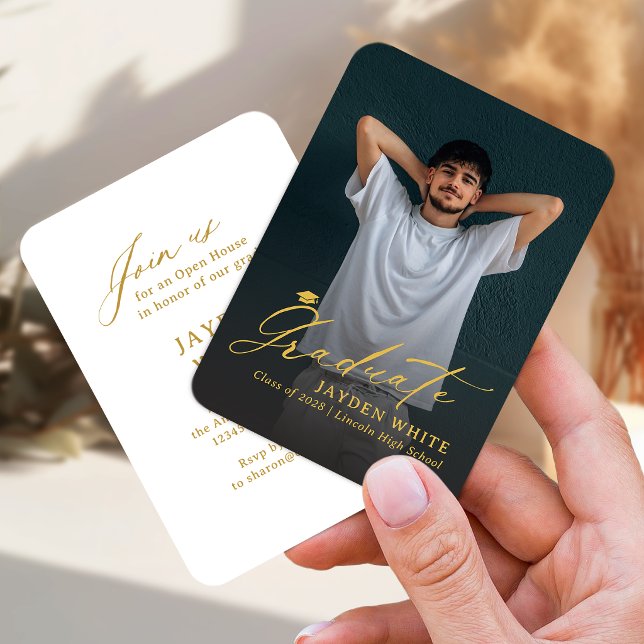 Cartão De Informações Gold Mini Modern Script Photo Graduation (Gold Mini Modern Script Photo Graduation Enclosure Card)