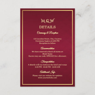Cartão De Informações Gold & Red Burgundy Old Money Wedding