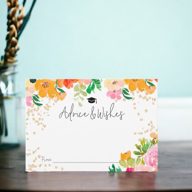 Cartão De Informações Graduação de conselho botânico floral com brilho D (Gold glitter floral botanical advice graduation enclosure card)
