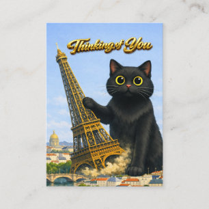 Cartão De Informações Grande Gato Preto Derruba a Torre Eiffel Pensando 