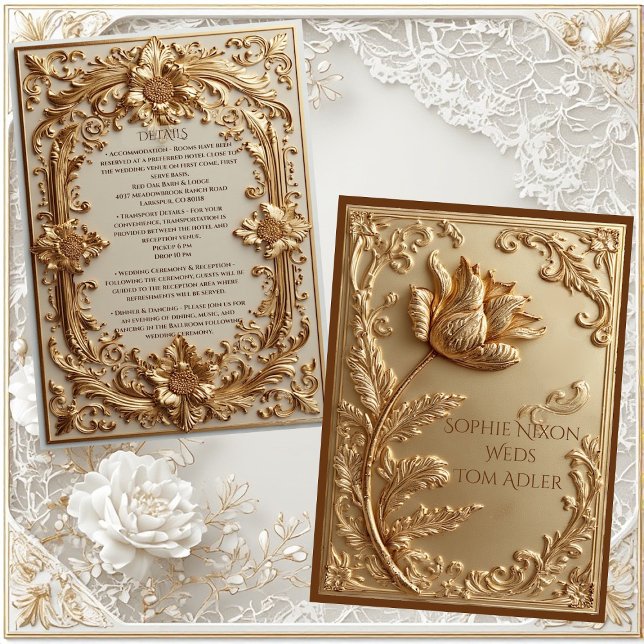 Cartão De Informações Grandiosidade Barroca Dourada com Motivos Florais  (Gold Ornate Baroque Grandeur Tulip Floral Motifs Enclosure Card)