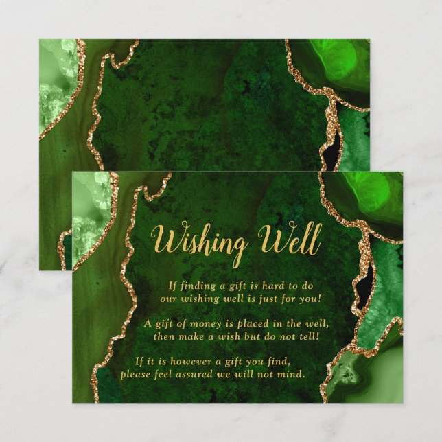 Cartão De Informações Green and Gold Agate Wedding Wishing Well (Frente/Verso)