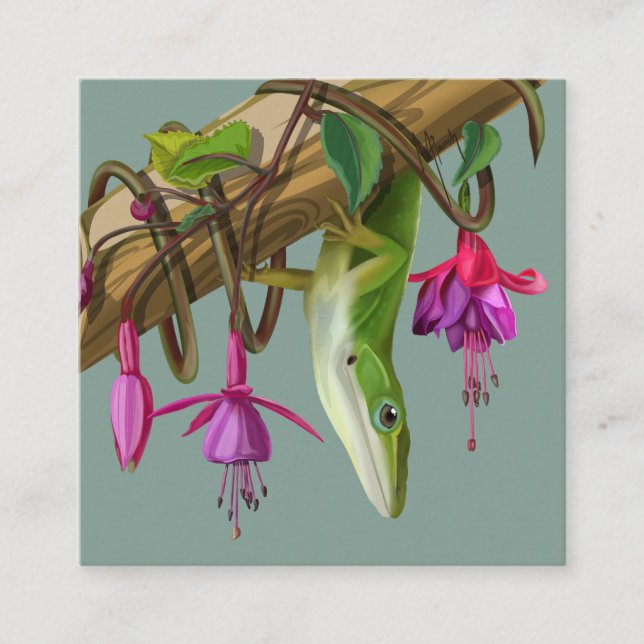 Cartão De Informações Green anole with Fuchsias  (Frente)