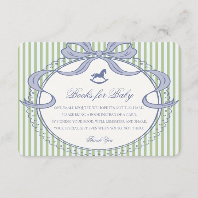 Cartão De Informações Green Coquette Bow Rocking Horse Books for Baby (Frente)