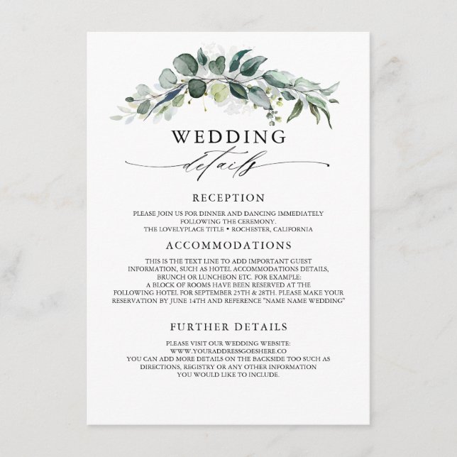 Cartão De Informações Greenery e Eucalyptus Wedding Information Guest (Frente)
