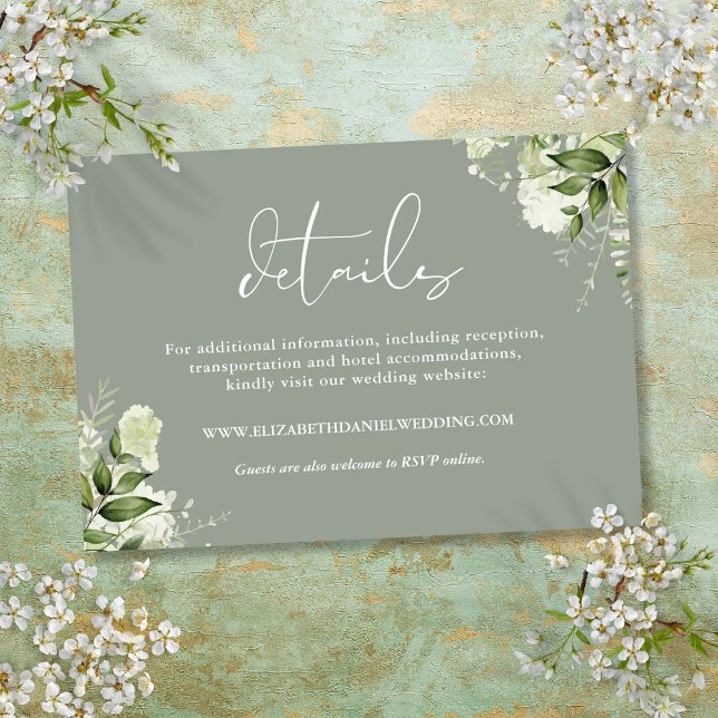 Cartão De Informações Greenery Floral Elegante Sage Detalhes do Casament (Greenery Floral Elegant Sage Green Wedding Details Enclosure Card)