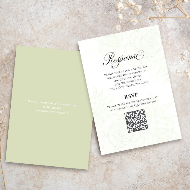 Cartão De Informações Greenery Script Wedding QR Code RSVP Card (Light sage green wedding website card with minimalist text and modern layout.)