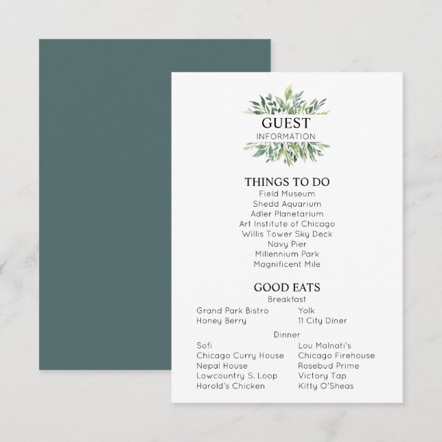 Cartão De Informações Greenery Wedding Guest Information (Frente/Verso)