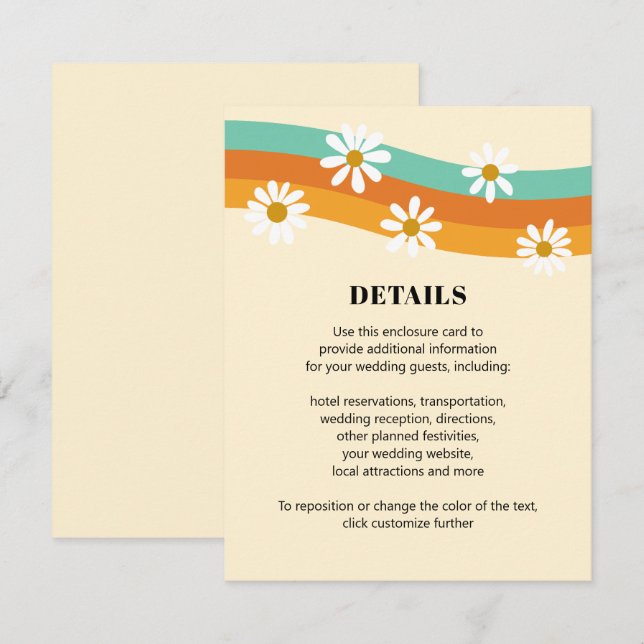 Cartão De Informações Groovy Rainbow 1970s Style Boho Daisy Wedding (Frente/Verso)