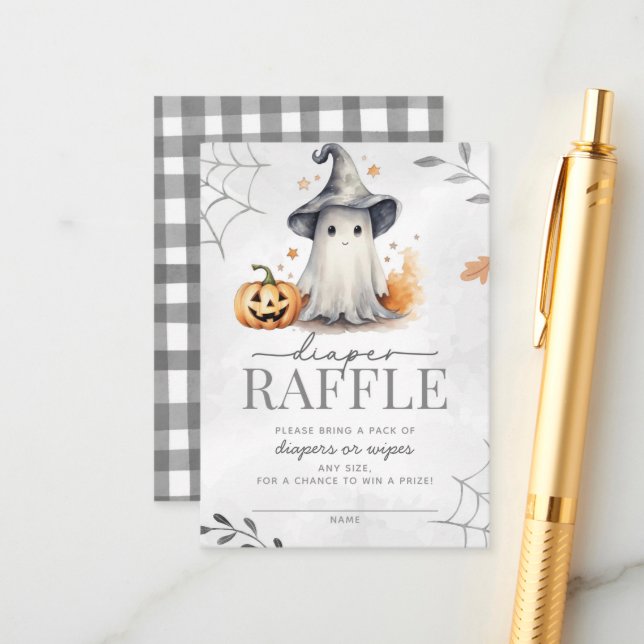 Cartão De Informações Halloween Ghost Chá de fraldas Fralda Raffle (Frente/Verso In Situ)