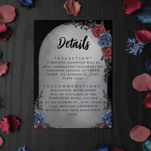 Cartão De Informações Headstone Floral Gothic Wedding Details (Criador carregado)