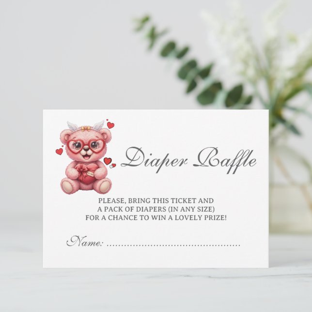 Cartão De Informações Heart Teddy Bear Pink Baby Shower Diaper Raffle (Em pé/Frente)