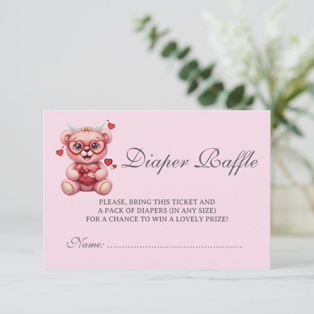 Cartão De Informações Heart Teddy Bear Pink Baby Shower Diaper Raffle (Em pé/Frente)