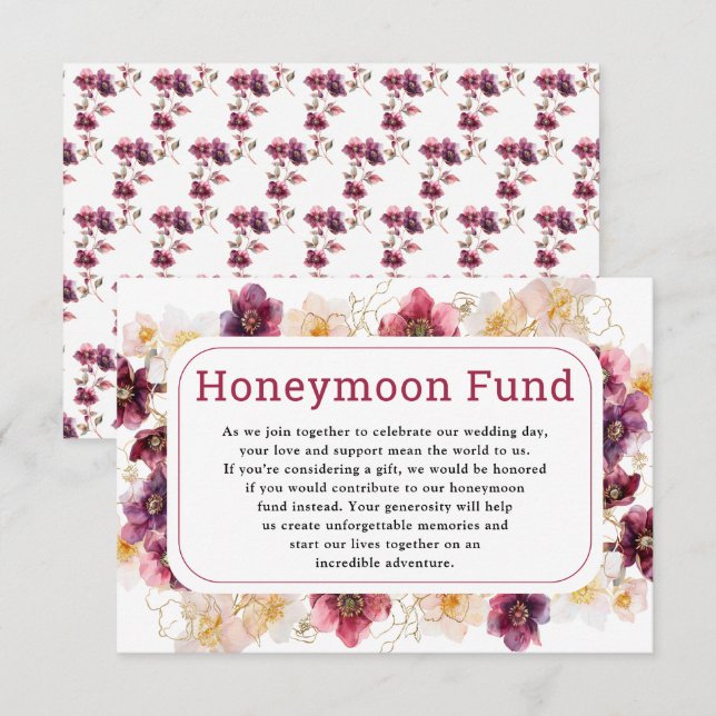 Cartão De Informações Hellebore Floral Burgundy Wedding Honeymoon Fund (Frente/Verso)