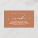 Cartão De Informações Honeymoon Wish, moderna design romântica<br><div class="desc">Celebre o início de sua jornada junto com o nosso elegante convite de casamento "desejo de lua de mel" contido no tema Copper Rust Brown. Apresentando uma sofisticada mistura de escrituras modernas e atração romântica, cada cartão é meticulosamente projetado para transmitir a essência do seu dia especial. Perfeitamente adequado para...</div>