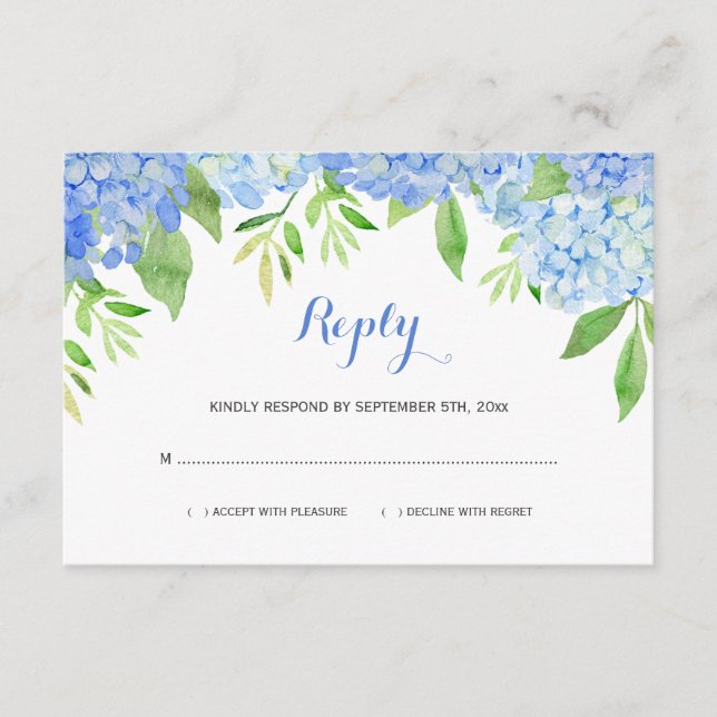 Cartão De Informações Hortênsias Aquarela Casamento Floral Azul RSVP (Frente)