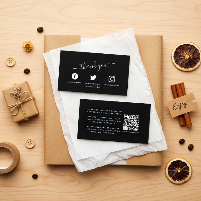 Cartão De Informações Ícones brancos de mídia social obrigado de código  (Black social media icons thank you order insert card with message and QR Code.)