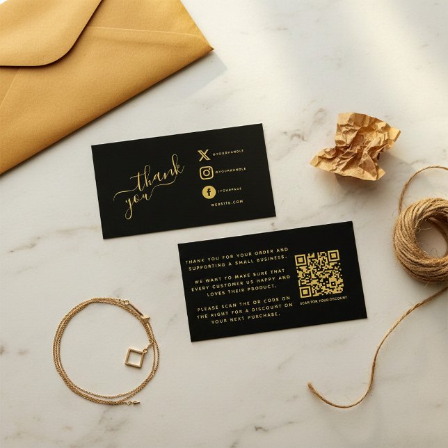 Cartão De Informações Ícones sociais Código QR obrigado preto/ouro que v (Social icons QR code black/gold thank you discount Enclosure Card.)