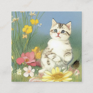 Cartão De Informações Ilustração Vintage Kitten com Flores Amarelas