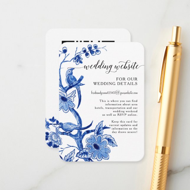 Cartão De Informações Influência Asiática Chinoiserie Blue QR Detalhes (Frente/Verso In Situ)