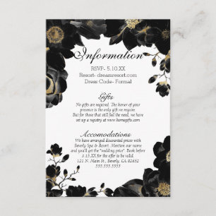 Cartão De Informações Informações de Casamento Floral Preto Acentuado do