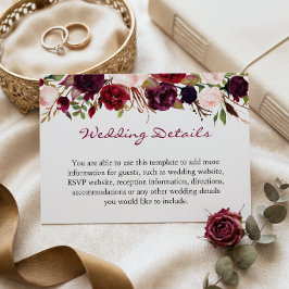 Cartão De Informações Informações de detalhes de casamento floral vermel