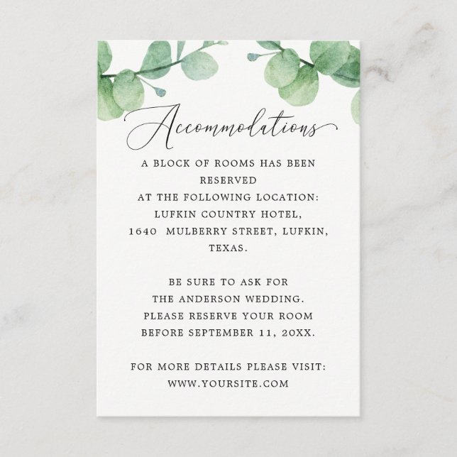 Cartão De Informações Informações de Hotel de Casamento | Alojamento Euc (Frente)