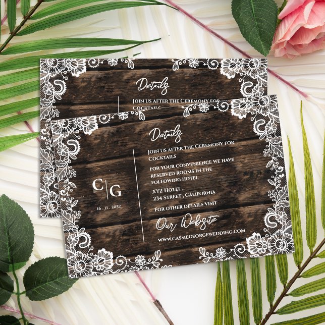 Cartão De Informações Informações sobre Casamento de Madeira Rústica e L (Rustic Wood and White Lace Wedding Details Info Enclosure Card)