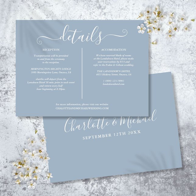 Cartão De Informações Informações sobre detalhes de casamento da assinat (Dusty Blue Signature Wedding Details Information Enclosure Card)