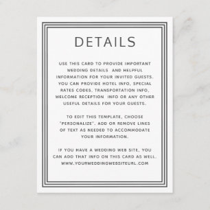Cartão De Informações Informações sobre detalhes do casamento branco de 