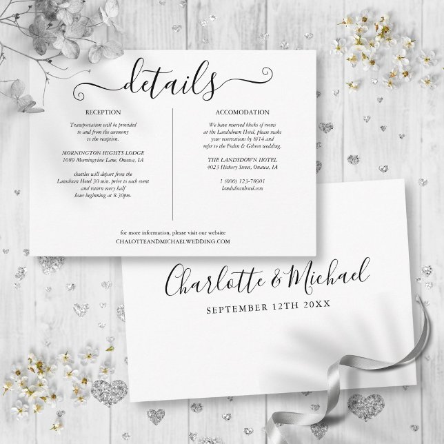 Cartão De Informações Informações sobre Detalhes do Casamento Preto e Br (Black And White Wedding Details Information Enclosure Card)