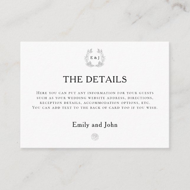 Cartão De Informações Iniciais do Monograma Folha Texto preto Detalhes d (Frente)
