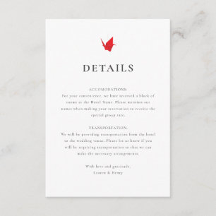 Cartão De Informações Inserto de Casamento de Grous de Origami