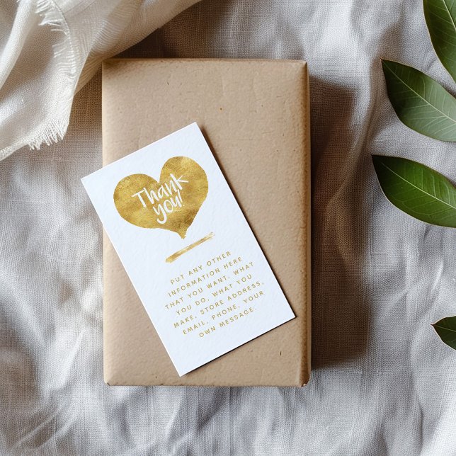 Cartão De Informações Inserto de coração de ouro com efeito de folha par (Gold foil effect thank you insert card with love heart and social links for customer orders.)