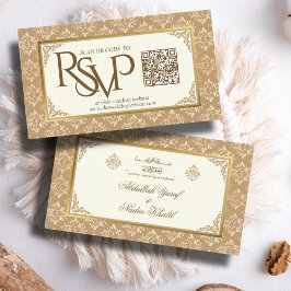 Cartão De Informações Ivory Dourado Damask Código QR RSVP Web Casamento