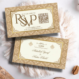 Cartão De Informações Ivory Dourado Damask Código QR RSVP Web Casamento 