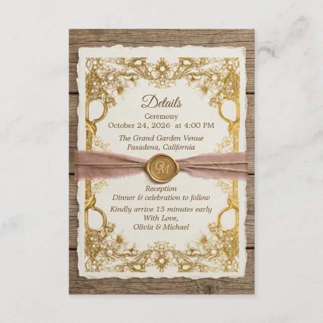 Cartão De Informações Ivory Gold Boho Floral Rústico Elegante Script (Frente)